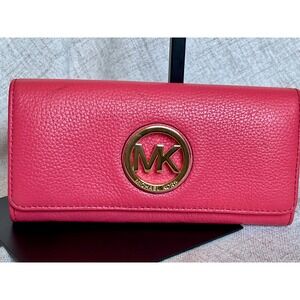 Michael Kors Fulton Flap Continental Wallet Pink Pebbled Leather Gold MK Logo